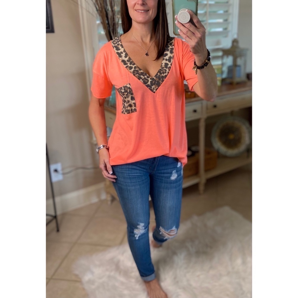 Leopard Contrast Trim Pocket V Neck Short Sleeve Floaty Top Neon Orange 5020